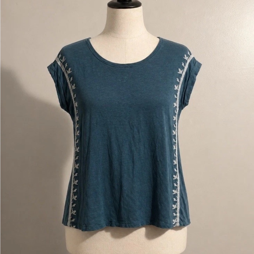 Garnet Hill Teal Boho Short-Sleeve Tee with White Embroidered Trim